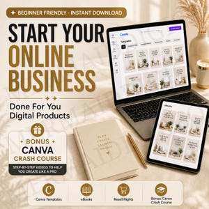 May include: A laptop and tablet display digital product templates and ebooks. The image includes a notebook with the text "Plan, Create, Launch, Profit", a pen, and icons for Canva templates, ebooks, and resell rights. Text reads "Start Your Online Business".