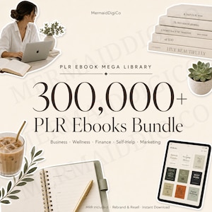 May include: An image advertising a PLR ebook bundle with the text "300,000+ PLR Ebooks Bundle". Categories include Business, Wellness, and Finance. The image features a laptop, books, a tablet showing ebook covers, and a notebook with a pen.