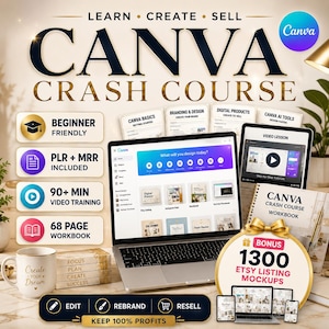 May include: An image promoting a Canva Crash Course, showing a laptop with the Canva interface, a tablet with a video lesson, and a workbook. Text includes "Beginner Friendly," "PLR + MRR Included," and "1300 Etsy Listing Mockups." The image promotes digital design skills.