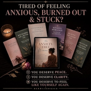May include: A collection of six journals and a tablet displaying The Anxiety-Free Woman, surrounded by a candle and dried flowers. Text reads: TIRED OF FEELING ANXIOUS, BURNED OUT & STUCK? YOU DESERVE PEACE. YOU DESERVE CLARITY. YOU DESERVE TO FEEL LIKE YOURSELF AGAIN.