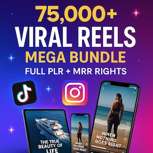 Peut inclure: Publicit&eacute; avec le texte "75 000+ VIRAL REELS MEGA BUNDLE" en blanc et jaune. L'image comprend les logos de TikTok et Instagram, et des images sur des appareils mobiles avec le texte "THE TRUE BEAUTY OF LIFE" et "WHEN NOTHING GOES RIGHT".