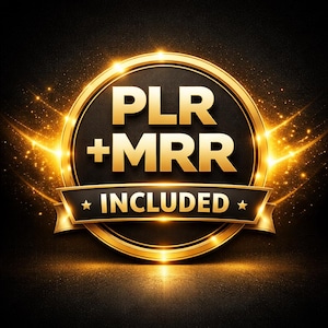 May include: A gold and black emblem with the text "PLR +MRR INCLUDED". The design features a circular shape with a gold border and a black center. A gold ribbon with stars is at the bottom, and gold sparkles radiate outwards.