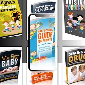 May include: A collection of parenting books with titles including "Children and Strangers Security", "Parents' Guide to Sex Education", "Raising Toddlers", "My First Baby", "Pre-School Guide for Parents", and "Dealing with Drugs". The books feature colorful illustrations and text.