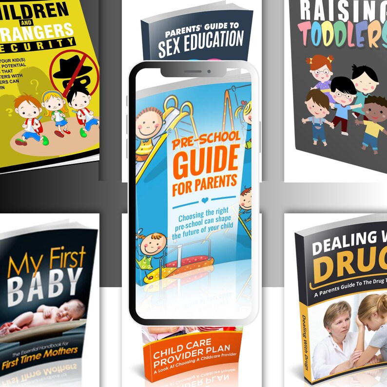 May include: A collection of parenting books with titles including "Children and Strangers Security", "Parents' Guide to Sex Education", "Raising Toddlers", "My First Baby", "Pre-School Guide for Parents", and "Dealing with Drugs". The books feature colorful illustrations and text.