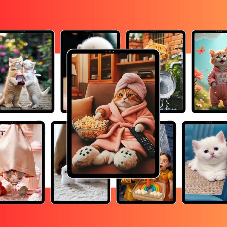 Peut inclure: Une collection d'art numérique mettant en scène des chats dans diverses situations. Une image montre un chat en peignoir et chaussons roses, tenant une télécommande et du pop-corn. D'autres images présentent des chats avec des bagues, en combinaison rose, etc.