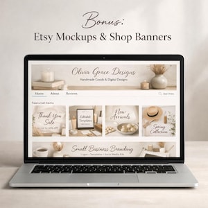 May include: A laptop displaying an Etsy shop mockup. The screen shows a website banner with the text "Olivia Grace Designs" and "Handmade Goods & Digital Designs." Featured items include "Thank You Sale," "Editable Templates," and "New Arrivals."