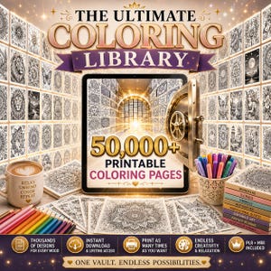 May include: A digital display showing The Ultimate Coloring Library with 50,000+ printable coloring pages, featuring a vault door, a mug with text, colored pencils, and a stack of books labeled with themes like Mandalas, Florals, and Animals.