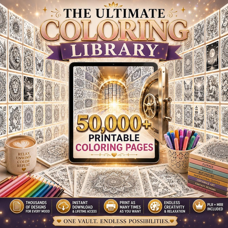 May include: A digital display showing The Ultimate Coloring Library with 50,000+ printable coloring pages, featuring a vault door, a mug with text, colored pencils, and a stack of books labeled with themes like Mandalas, Florals, and Animals.