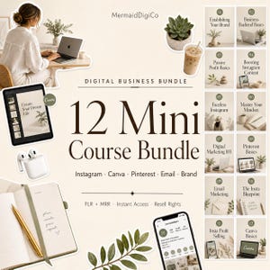 Könnte beinhalten: Grafik für ein digitales Business-Bundle mit dem Text "12 Mini Course Bundle". Das Bild zeigt einen Laptop, ein Tablet, ein Smartphone, ein Notizbuch und Symbole für Kursthemen wie Instagram und Canva.