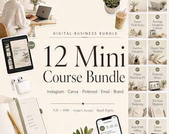 12 Mini Course Bundle PLR MRR | Digital Marketing Instagram Pinterest Canva | Passive Income Faceless Brand | Online Business Starter Kit