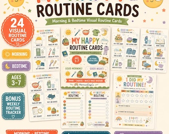 Kids Routine Cards Printable, Morning & Bedtime Visual Schedule, Daily Routine Chart for Kids, Toddler Routine Cards Ages 3-7