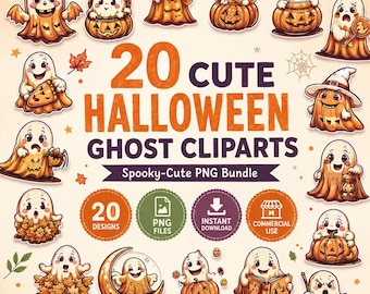 Cute Halloween Ghost Clipart Bundle, 20 Pumpkin Ghost PNGs, Spooky Autumn Clip Art, Fall Halloween Digital Download