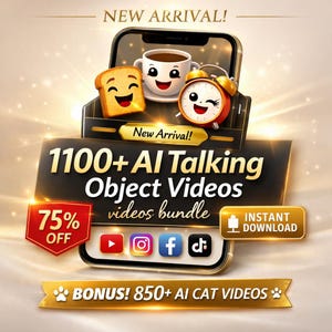 Peut inclure: Publicité numérique avec un smartphone affichant des aliments animés et un réveil. Le texte indique "NOUVEAU!" et "1100+ vidéos d'objets parlants IA". Comprend des icônes de médias sociaux et un badge "75% de réduction". Bonus : 850+ vidéos de chats IA.