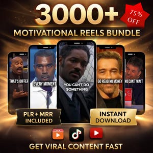 May include: A promotional graphic for a motivational reels bundle, featuring five smartphones displaying images of celebrities with motivational quotes. The text includes "3000+", "Motivational Reels Bundle", and "Get Viral Content Fast". A red star indicates a 75% discount.