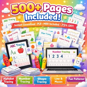 May include: Colorful digital educational resources with the text "500+ Pages Included!" displayed. The image features a tablet and laptop showing "ABC Tracing" and "Number Tracing" activities, along with stacks of printed worksheets and cartoon crayons.