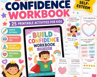 Build Confidence Workbook for Kids, 25 Printable Self Esteem Activities, Social Emotional Learning, Canva Editable, Instant Download