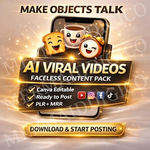 Peut inclure: Visuel numérique avec le texte "MAKE OBJECTS TALK" et "AI VIRAL VIDEOS FACELLESS CONTENT PACK". L'image présente un smartphone avec des aliments animés et un réveil. Comprend des icônes de médias sociaux et le texte "DOWNLOAD & START POSTING".