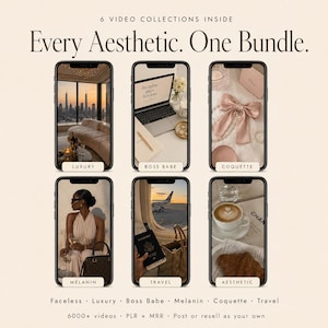 May include: A digital bundle featuring six smartphone screens displaying distinct visual themes labeled Luxury, Boss Babe, Coquette, Melanin, Travel, and Aesthetic. The text reads 6 VIDEO COLLECTIONS INSIDE, Every Aesthetic. One Bundle., and Faceless, Luxury, Boss Babe, Melanin, Coquette, Travel, 6000+ videos, PLR + MRR, Post or resell as your own.