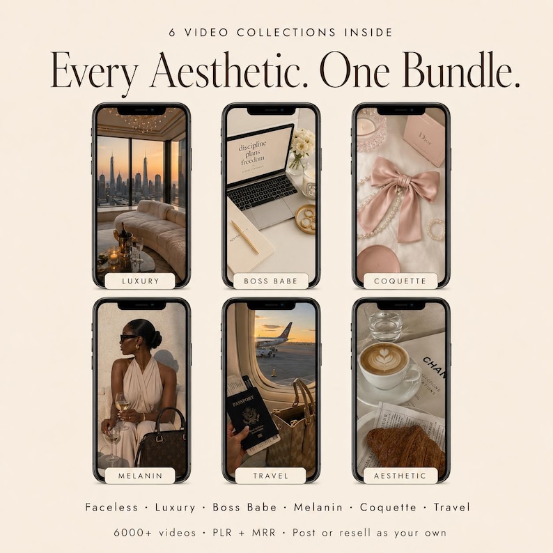May include: A digital bundle featuring six smartphone screens displaying distinct visual themes labeled Luxury, Boss Babe, Coquette, Melanin, Travel, and Aesthetic. The text reads 6 VIDEO COLLECTIONS INSIDE, Every Aesthetic. One Bundle., and Faceless, Luxury, Boss Babe, Melanin, Coquette, Travel, 6000+ videos, PLR + MRR, Post or resell as your own.