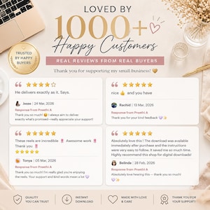 Peut inclure: Publicit&eacute; pour des produits num&eacute;riques avec des avis clients. Le design comprend un ordinateur portable, des &eacute;l&eacute;ments dor&eacute;s et un badge "Trusted by Happy Buyers". Le texte met en avant les retours positifs et remercie les clients pour leur soutien.