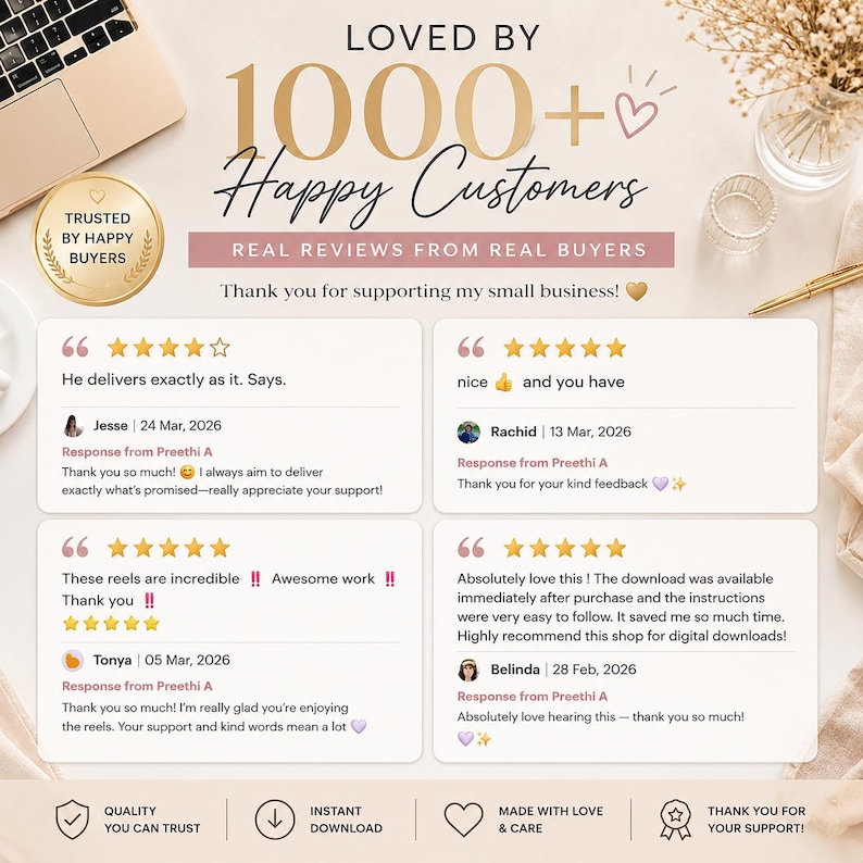 Peut inclure: Publicit&eacute; pour des produits num&eacute;riques avec des avis clients. Le design comprend un ordinateur portable, des &eacute;l&eacute;ments dor&eacute;s et un badge "Trusted by Happy Buyers". Le texte met en avant les retours positifs et remercie les clients pour leur soutien.