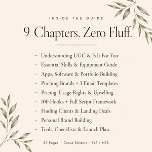 May include: A guide with the text "9 Chapters. Zero Fluff." The guide's topics include understanding UGC, essential skills, pitching brands, and finding clients. The guide is 59 pages and Canva editable, with floral accents in the corners.