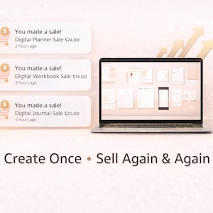 May include: A laptop displaying digital planner, workbook, and journal pages, with sales notifications and upward-pointing arrows. Text reads "Create Once &bull; Sell Again & Again."