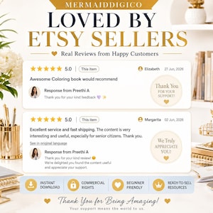 May include: A digital graphic featuring the text MERMAIDDIGICO LOVED BY ETSY SELLERS and Real Reviews from Happy Customers. It displays two five-star reviews with customer names, dates, and responses from Preethi A, plus icons for instant download.