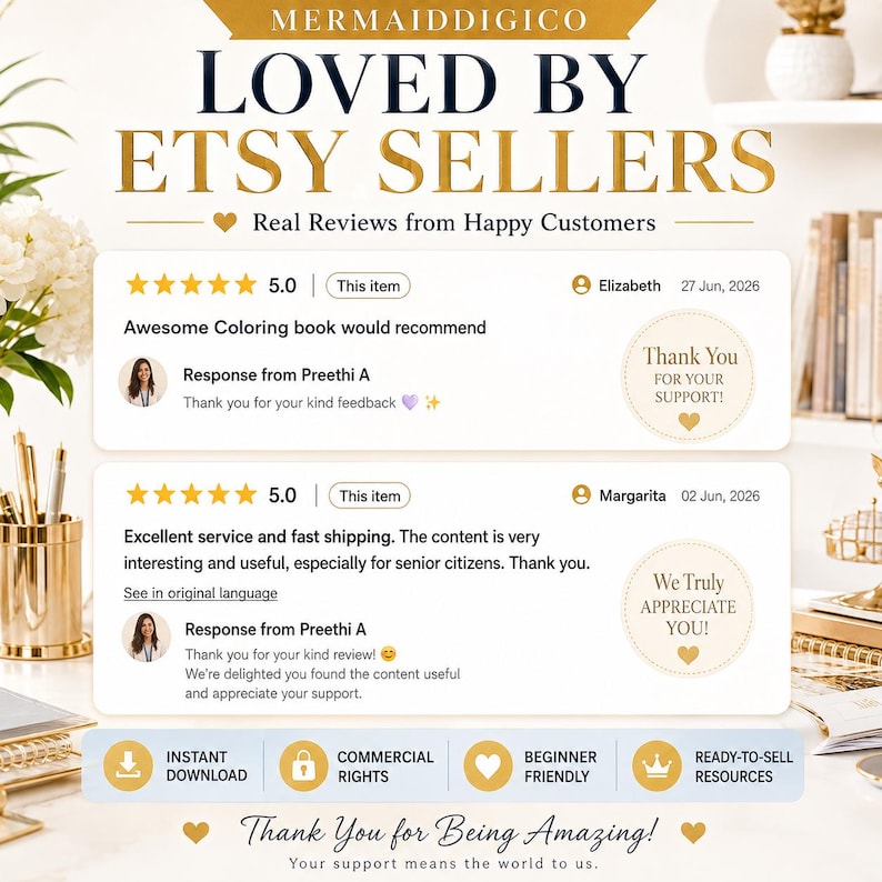 May include: A digital graphic featuring the text MERMAIDDIGICO LOVED BY ETSY SELLERS and Real Reviews from Happy Customers. It displays two five-star reviews with customer names, dates, and responses from Preethi A, plus icons for instant download.