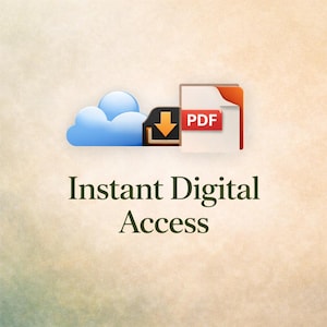 May include: Image with a light blue cloud, a download icon, and a PDF document icon. The text "Instant Digital Access" is displayed in a dark green font against a beige background.