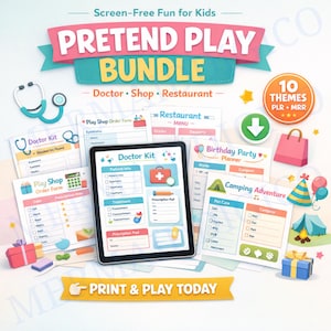 May include: A colorful bundle of printable pretend play activities for kids, including doctor, shop, and restaurant themes. The image features a tablet, forms, and illustrations with the text "PRETEND PLAY BUNDLE" and "PRINT & PLAY TODAY".