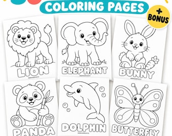 Animal Coloring Pages for Kids, Preschool Coloring Book, 30 Easy Cute Animals, Toddler Printable Activities, Coloring Pages Ages 3-6
