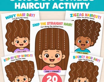 Hair Cutting Activity Printable, Preschool Scissor Skills Worksheets, Haircut Fine Motor Practice, Cutting Activities for Kids Ages 3-6