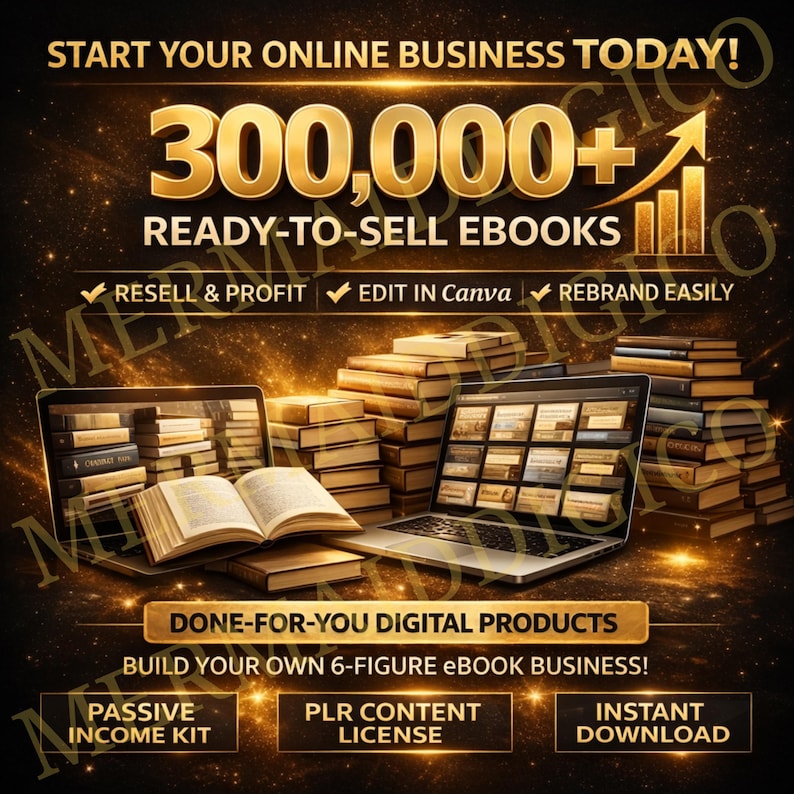 May include: A digital marketing graphic with the text "START YOUR ONLINE BUSINESS TODAY!" and "300,000+ READY-TO-SELL EBOOKS." The image includes laptops, stacks of books, and the phrases "RESELL & PROFIT," "EDIT IN Canva," and "REBRAND EASILY."