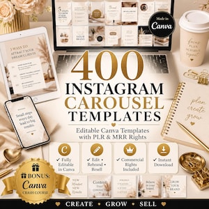 400 plantillas de carrusel para Canva, paquete de carrusel para Instagram, plantillas editables para Canva, PLR MRR incluido, kit de contenido para redes sociales