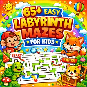 May include: A colorful illustration for kids featuring a maze with the text "65+ Easy Labyrinth Mazes For Kids." Cartoon animals, including a monkey, fox, turtle, and cat, surround the maze. The background includes a rainbow, sun, and stars.