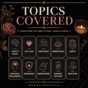 May include: A black graphic display featuring the text TOPICS COVERED and EVERYTHING YOU NEED TO HEAL, GROW & THRIVE. Ten rectangular cards show icons and labels for Anxiety Relief, Self-Love, Confidence, Mindfulness, Habits, Emotional Intelligence, Boundaries, Manifestation, Burnout Recovery, and Gratitude.
