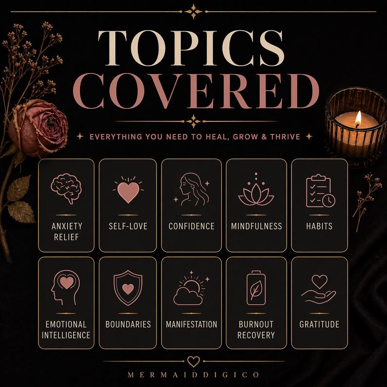 May include: A black graphic display featuring the text TOPICS COVERED and EVERYTHING YOU NEED TO HEAL, GROW & THRIVE. Ten rectangular cards show icons and labels for Anxiety Relief, Self-Love, Confidence, Mindfulness, Habits, Emotional Intelligence, Boundaries, Manifestation, Burnout Recovery, and Gratitude.