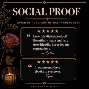 May include: A black graphic featuring the text SOCIAL PROOF and LOVED BY HUNDREDS OF HAPPY CUSTOMERS. Two customer reviews with five gold stars each are displayed. A dark rose and a lit candle in a glass holder are positioned on the left side.