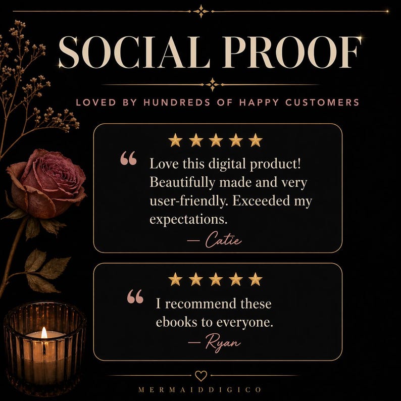 May include: A black graphic featuring the text SOCIAL PROOF and LOVED BY HUNDREDS OF HAPPY CUSTOMERS. Two customer reviews with five gold stars each are displayed. A dark rose and a lit candle in a glass holder are positioned on the left side.