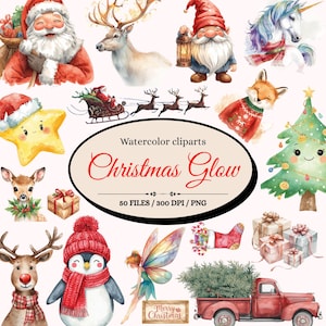 May include: Watercolor clipart set featuring Christmas-themed illustrations. Includes Santa Claus, reindeer, a gnome, a unicorn, a fox, a Christmas tree, a star, a penguin, a fairy, and a red truck. The text "Christmas Glow" is displayed in a decorative oval.