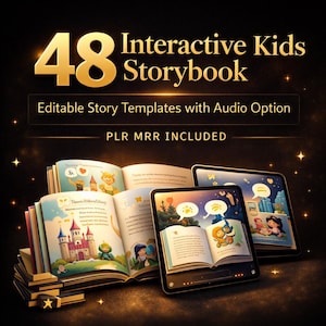 インタラクティブな子供向けストーリーブックCanvaテンプレート（音声付き） - 子供向けの編集可能なストーリーテンプレート48種類、PLR、MRR、印刷可能なデジタルストーリーブックバンドル