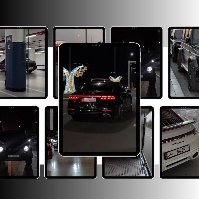 Peut inclure: Un collage d'images pr&eacute;sentant des voitures de luxe, dont une Audi noire, une Porsche blanche et un SUV noir. Les voitures sont montr&eacute;es dans divers contextes, notamment un parking et une sc&egrave;ne de rue nocturne.