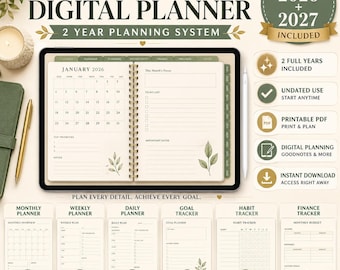 Puede incluir: Un planificador digital 2026-2027 en una pantalla de tableta, con vista de calendario mensual, listas de tareas e ilustraciones botánicas. El sistema incluye planificadores mensuales, semanales y diarios, además de rastreadores de metas y finanzas.