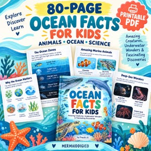 May include: An 80-page Ocean Facts for Kids printable PDF educational resource. The cover features a whale, dolphin, sea turtle, and clownfish. Included are informational pages about ocean zones, marine animals, and deep-sea wonders.