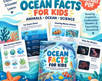 Ocean Facts for Kids Printable PDF, 80 Page Ocean Animals & Science Book, Marine Life Learning Activity, Homeschool Ocean Unit Study