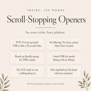 May include: A beige graphic with the text "Scroll-Stopping Openers" and "For every niche. Every platform." Several text boxes list content ideas, including "POV: You just got paid ₹30k to film a 30-second video."