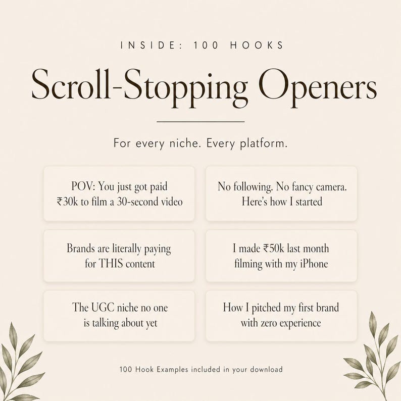 May include: A beige graphic with the text "Scroll-Stopping Openers" and "For every niche. Every platform." Several text boxes list content ideas, including "POV: You just got paid ₹30k to film a 30-second video."