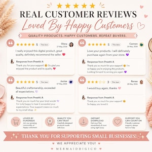 May include: A digital graphic display featuring four customer reviews with five-star ratings, text testimonials, and seller responses. The layout includes icons for shopping, quality, instant download, and support, with the text Thank You For Supporting Small Businesses.