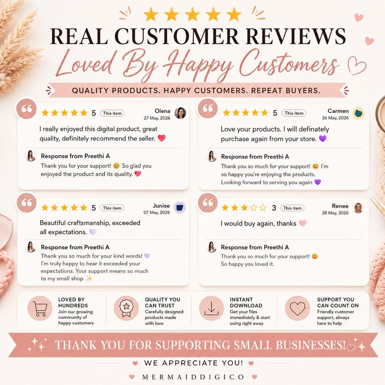 May include: A digital graphic display featuring four customer reviews with five-star ratings, text testimonials, and seller responses. The layout includes icons for shopping, quality, instant download, and support, with the text Thank You For Supporting Small Businesses.